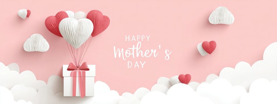 A white box with a red ribbon is flying through the sky with hearts