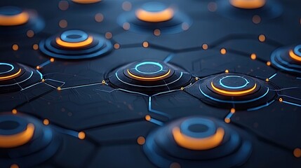 Abstract Futuristic Network Grid With Glowing Blue And Orange Circular Nodes On A Dark Textured Surface Representing Data Flow And Connectivity