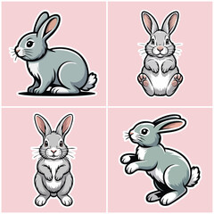 Charming Bunny Rabbit Character Illustration Set: Collection of Four Adorable Designs in Upright Sitting and Friendly Poses, Ideal for Easter, Pet Food Branding, and Children's Mascots Graphics
