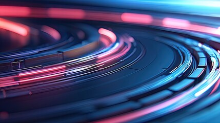 Abstract Futuristic Neon Light Trails Streaking Through Dark Circular Tracks with Blue and Red Hues in a Digital Landscape