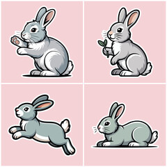 Adorable Bunny Rabbit Character Illustration Set: Collection of Four Cute Designs in Waving, Jumping, and Relaxed Poses, Ideal for Easter, Pet Stores, and Children's Apparel Branding Graphics