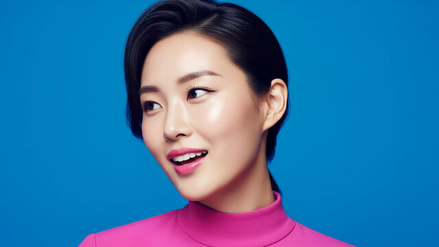 Young Asian Woman with a Short Bob Hairstyle Wearing a Pink Turtleneck Smiling and Looking Up Against a Bright Blue Background