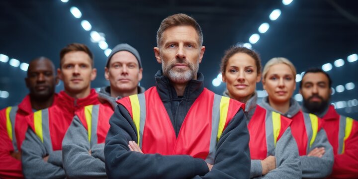 Confident team of industrial workers in red reflective vests standing together under warehouse lights symbolizing unity and leadership