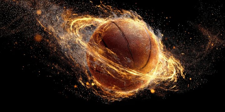 A basketball is shown in a fiery explosion