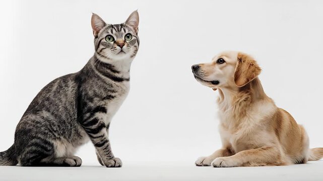 Tabby cat and golden puppy looking at each other on white background