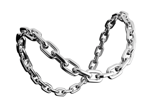 Shiny metal chain links intertwined isolated on transparent background