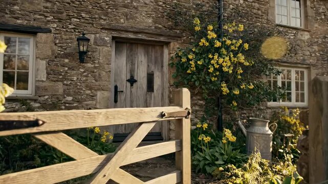 british home - A rustic wooden gate stands ajar, revealing a charming stone cottage adorned with blooming yellow flowers against a backdrop of a clear sky, exuding warmth and tranquility