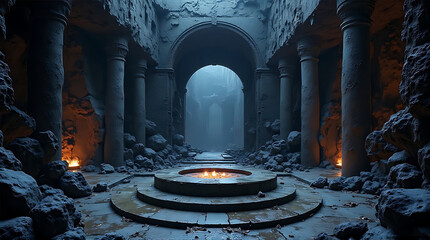 Mysterious Ancient Underground Temple Ruins with Central Altar and Dramatic Lighting