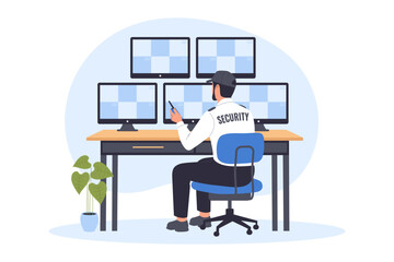 Illustration of Security Officer and Surveillance Monitoring. A Guard Watching Multiple CCTV Screens in a Control Room