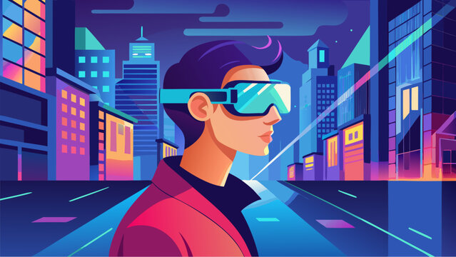 Young man wearing futuristic VR glasses in a glowing neon cyber city with high-tech buildings at night - Powered by Adobe