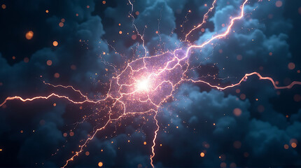 Dramatic Electrical Discharge Center in Dark Storm Clouds with Glowing Particles