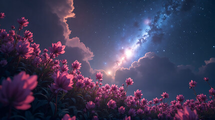 Magical Night Field of Pink Flowers Under a Starry Galaxy Sky