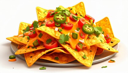 A close-up shot of a plate of cheesy nachos topped with jalapenos, tomatoes, and cilantro, against a white background
