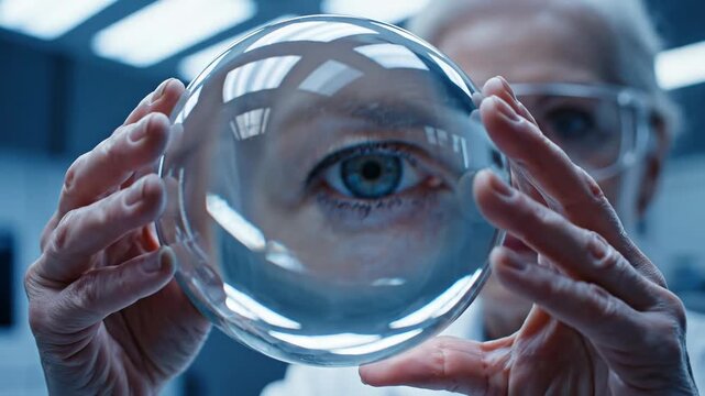 Elderly woman scientist peering through clear glass sphere in laboratory. Close-up magnification of blue eye for scientific examination and vision concept.