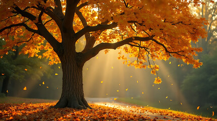 A large tree with vibrant orange leaves stands in a park, with sunlight streaming through the branches and leaves falling to the ground.