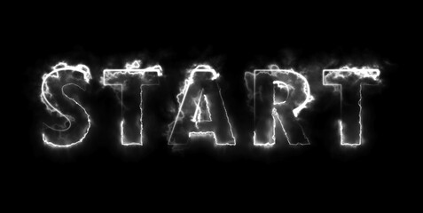 Word START white Smoke on black background. horizontal