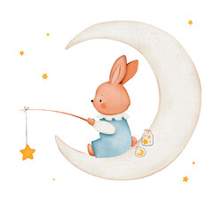 Cute bunny on the moon, watercolor illustration
