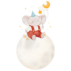Cute elephant on the moon, watercolor illustration