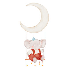 Cute elephant on the moon, watercolor illustration