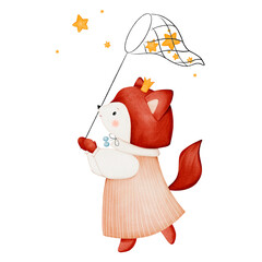 Cute fox in a dress, watercolor illustration