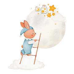 Cute bunny on the moon, watercolor illustration