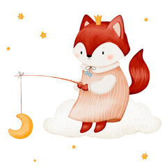 Cute fox in a dress on the cloud, watercolor illustration