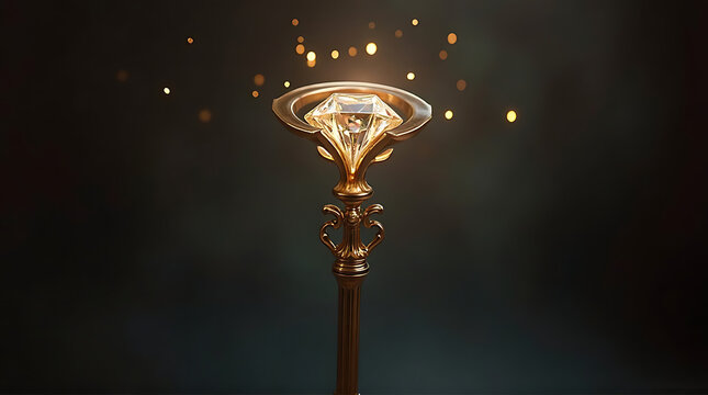 A golden scepter topped with a large, faceted diamond emitting light and surrounded by sparkling particles against a dark background.