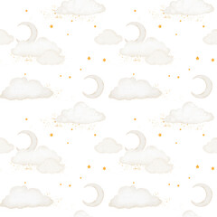 Seamless pattern of cute pastel cloud, star and moon.