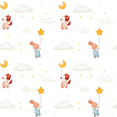 Seamless childish pattern with cute fox, bunny, clouds, moon and stars
