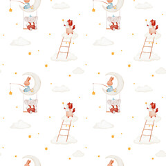 Seamless childish pattern with cute fox, bunny, clouds, moon and stars