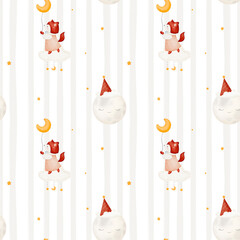 Seamless childish pattern with cute fox, clouds, moon and stars