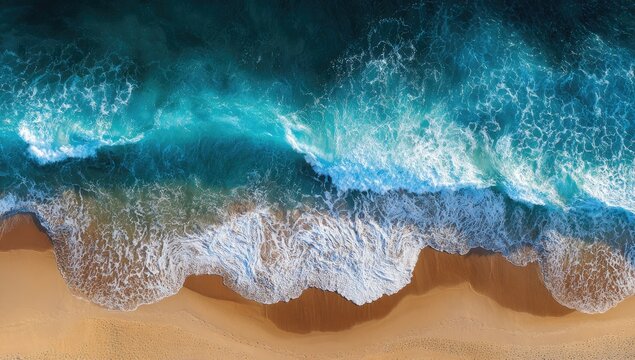 Aerial view of ocean waves crashing on a golden sandy beach, creating textured foam - Powered by Adobe
