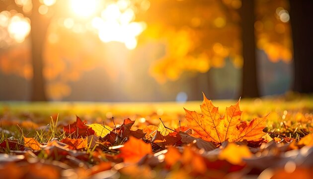 A close-up showcases a golden maple leaf atop a bed of fallen foliage. The background depicts a sunlit forest with trees and shimmering light