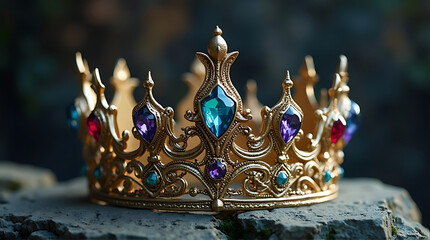 Ornate golden crown adorned with colorful gemstones resting on a textured stone surface against a blurred, natural background.