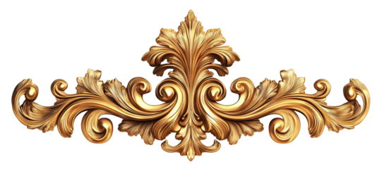 Golden baroque decorative floral ornament, isolated on transparent cutout background