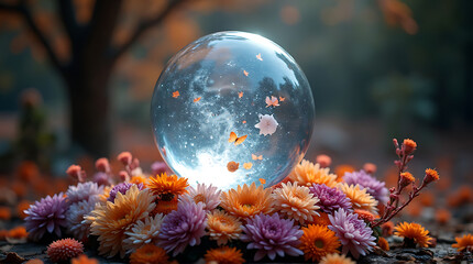 A luminous crystal ball rests on a bed of colorful chrysanthemums in an autumnal forest setting, creating a magical, ethereal scene.
