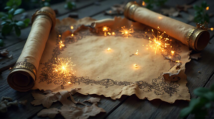 An old parchment map with rolled scrolls sits on a weathered wooden surface, illuminated by magical sparks, surrounded by foliage.