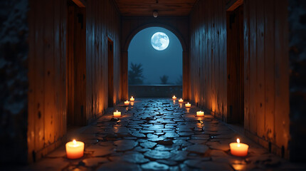 A stone corridor illuminated by candles leads to an archway revealing a full moon in the night sky.