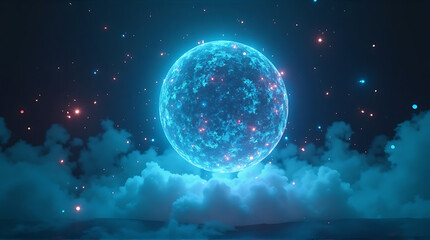 Fototapeta premium Glowing blue sphere hovers above fluffy white clouds under a dark starry sky, with scattered red and blue light particles.