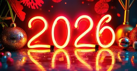 Bright neon digits display year 2026. Festive ornaments surround glowing numbers, creating celebratory mood. Red background enhances visual impact.