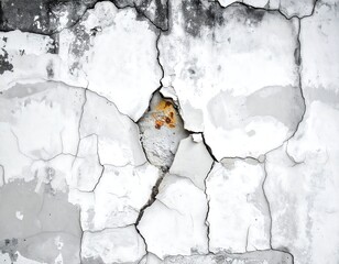 A close-up shot of a weathered, cracked wall surface. Paint is peeling, revealing inner layers. The cracks form geometric patterns