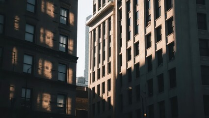 Obraz premium A street between urban buildings stretches in the morning light, with warm glow intertwined with architectural outlines, presenting a quiet and gentle urban aesthetic atmosphere.