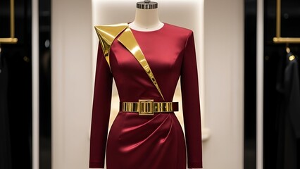 A luxurious ruby red evening gown with a striking asymmetrical gold accent and matching belt displayed on a mannequin in a fashion boutique