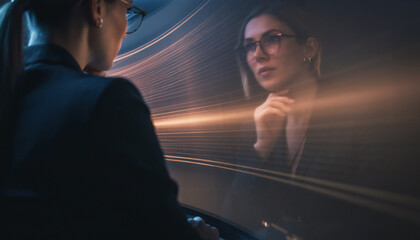 A professional woman in glasses looking at her reflection with dynamic light streaks.