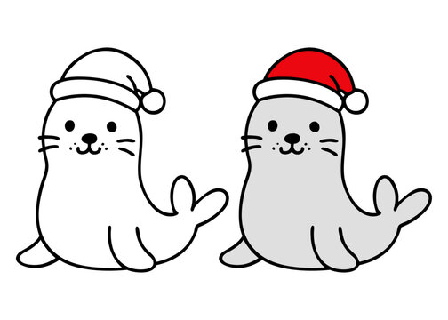 Dibujo sencillo con l&iacute;neas de cachorro de foca simp&aacute;tica con sombrero de Santa Claus para tarjetas y felicitaciones de Navidad	