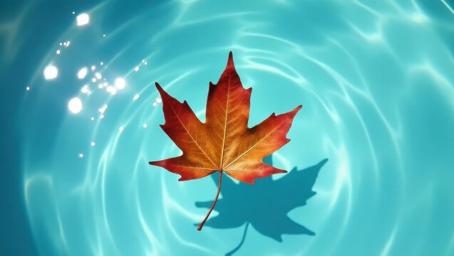 Autumn maple leaf on rippling turquoise water with light glare