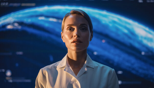 A serious woman in a white lab coat stands in front of a glowing blue futuristic data display, looking intently at the camera.