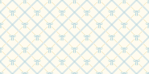 Fototapeta na wymiar Coquette seamless pattern blue bow with ribbons on beige backdrop. Checkered wrapping paper background for birthday, holiday and Christmas. Cute repeat wallpaper texture. Vector illustration