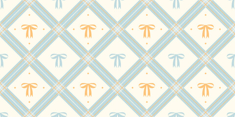 Naklejka premium Coquette seamless pattern blue and yellow bow with ribbon on beige backdrop. Checkered wrapping paper background for birthday, holiday and Christmas. Cute repeat wallpaper texture. Vector illustration