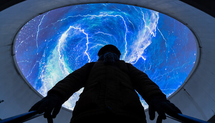 A person's silhouette gazes into a mesmerizing blue and white swirling vortex, resembling a wormhole or electrical storm, within a futuristic tunnel.